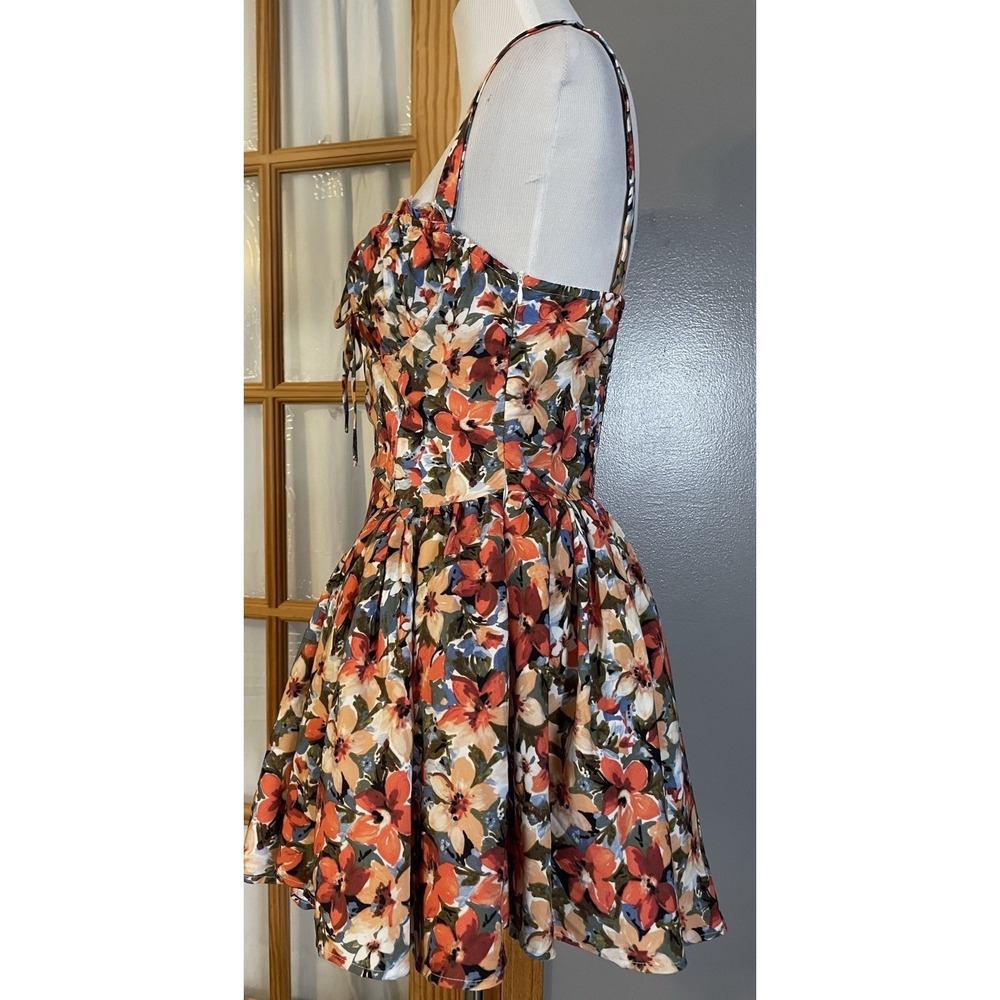 Babydoll Floral Mini Sundress Sz L Sweetheart Neck Smocked From Tie Orange City - Picture 3 of 15